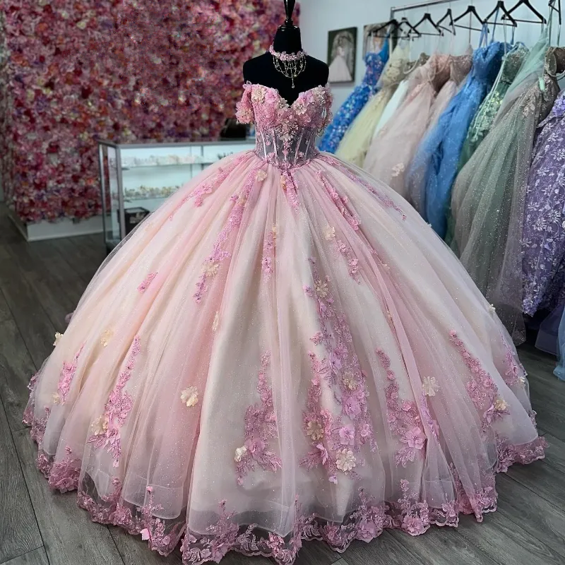 Quinceanera Ball Gown Pink Lace Applique 3D Floral Flower Off Shoulder Sweet 16 Dress    fg6738