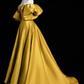 Yellow Satin Lace Long Prom Dress, Beautiful A-Line Off the Shoulder Evening Party Dress        fg6755