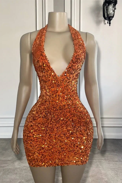 Charming Halter V-neck Backless Sequins Sparkly Homecoming Dress      fg6197