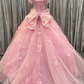 Pink Tulle 3D Floral Lace Bow-Back Ball Gown with Flutter Sleeves        fg6489