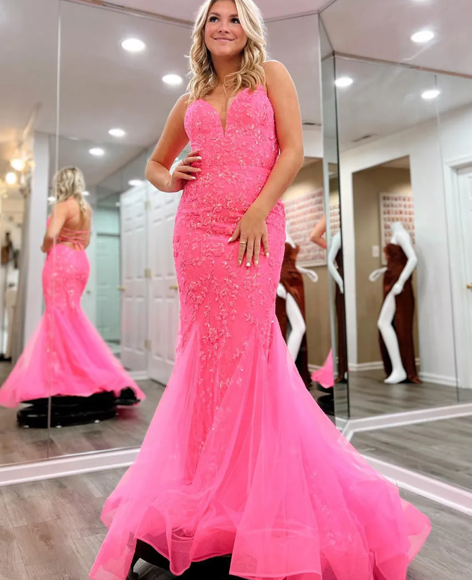 Mermaid Spaghetti Straps Hot Pink Long Prom Dress Lace Formal Dress           fg6321