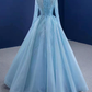 Tulle A Line Elegant Light Blue Evening Dress New O Neck Sequined Lace Formal Prom Gowns        fg6464