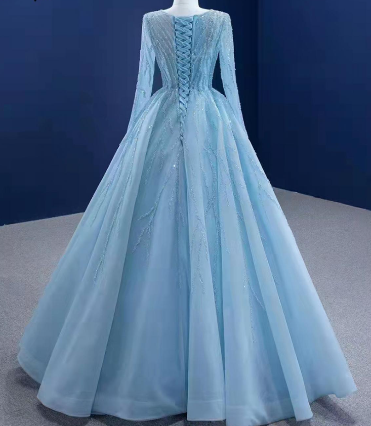 Tulle A Line Elegant Light Blue Evening Dress New O Neck Sequined Lace Formal Prom Gowns        fg6464