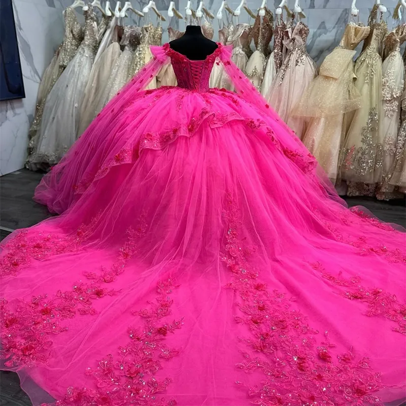 Quinceañera Off-Shoulder Lace Appliques Tulle Ball Gown Dress with Cape for Sweet 16 Birthday      fg6296