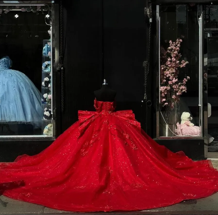 Red Princess Quinceanera Vestidos Gillter Off The Shoulder Corset vestidos de 15 Quinceanera Dress       fg6291