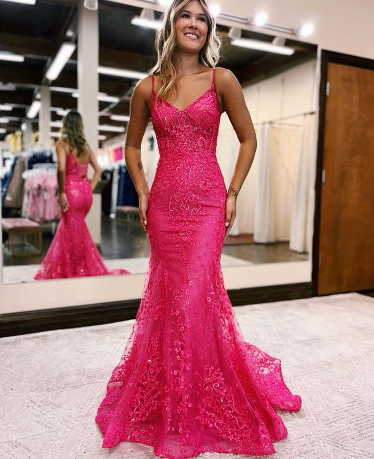 MERMAID EVENING DRESS WITH DEEP V NECKLINE AND SPAGHETTI STRAPS          fg6304