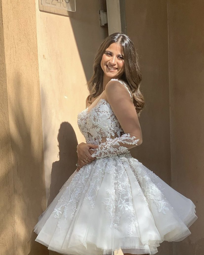 A Line Unique Short Wedding Dress with Lace Appliques     fg6599