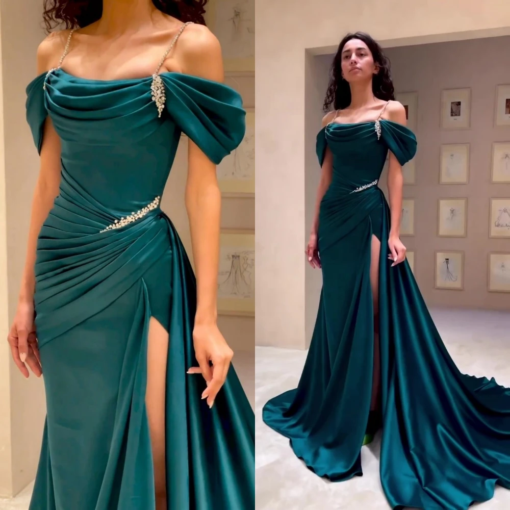 High Quality Off The Shoulder Dark Green Satin Prom Dresses Beaded Evening Gown       fg6209