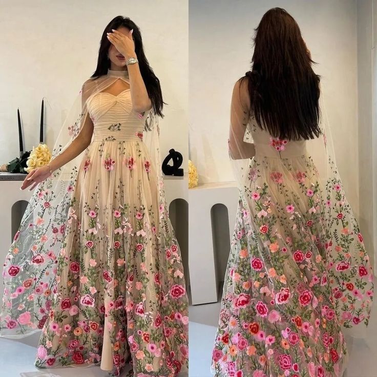 A-line Tulle Floral Long Prom Dress Unique Evening Dress    fg6967