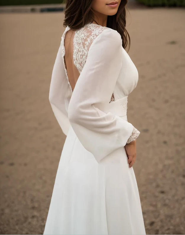 Ivory lace wedding dress, long-sleeve button back long train gown lace & chiffon Wedding Dresses     fg6636