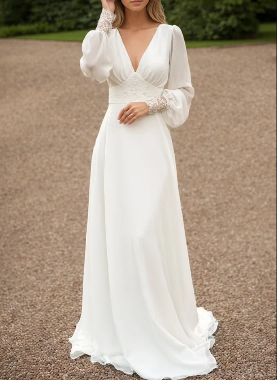 Ivory lace wedding dress, long-sleeve button back long train gown lace & chiffon Wedding Dresses     fg6636