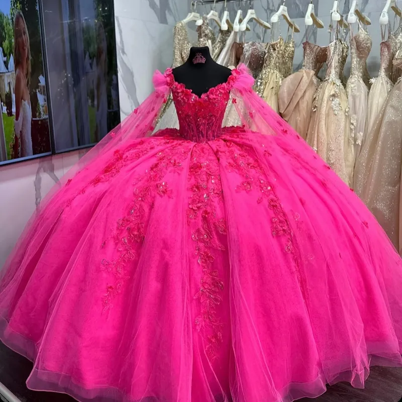 Quinceañera Off-Shoulder Lace Appliques Tulle Ball Gown Dress with Cape for Sweet 16 Birthday      fg6296