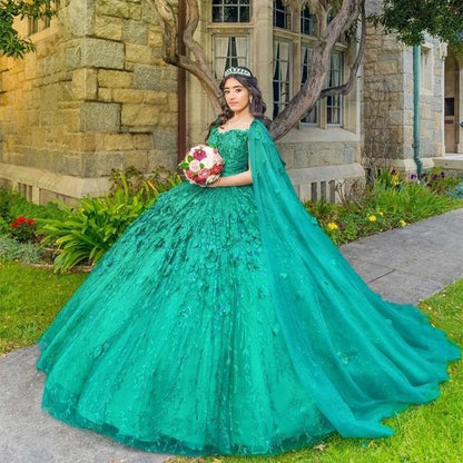 Green Sparkly Quinceanera Dresses With Cape Tassels Sweet 16 Dresses Ball Gown 3D Flowers Tulle Birthday Gowns     fg4570