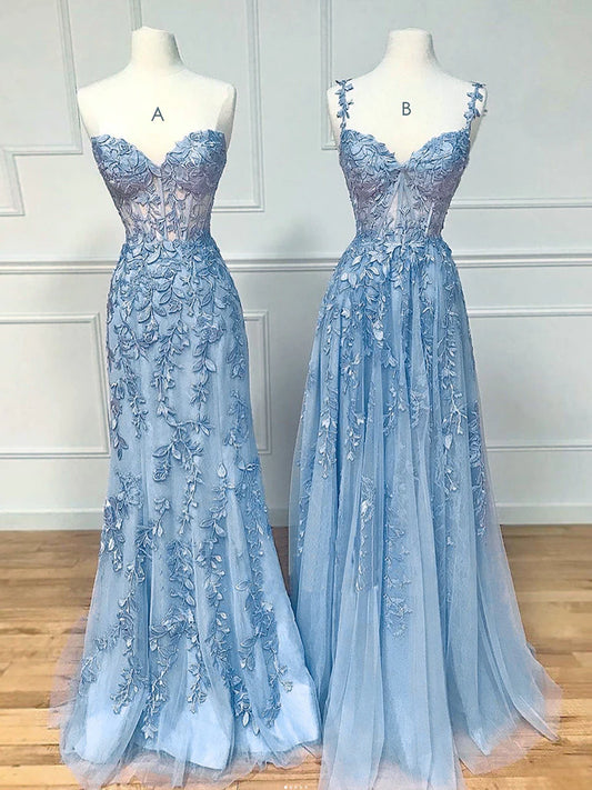 Blue Sweetheart Neck Lace Long Prom Dresses, Blue Lace Graduation Dress     fg4490