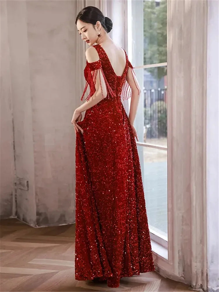 Wine Red Sequins Evening Ball Gown Banquet Party Long Dress      fg4426