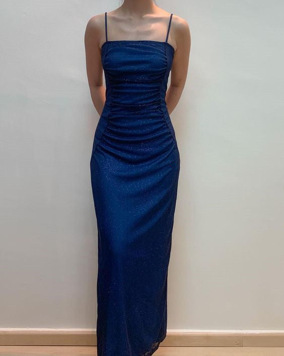 Spaghetti Straps Navy Sheath Sparkly Long Prom Dresses    fg6912