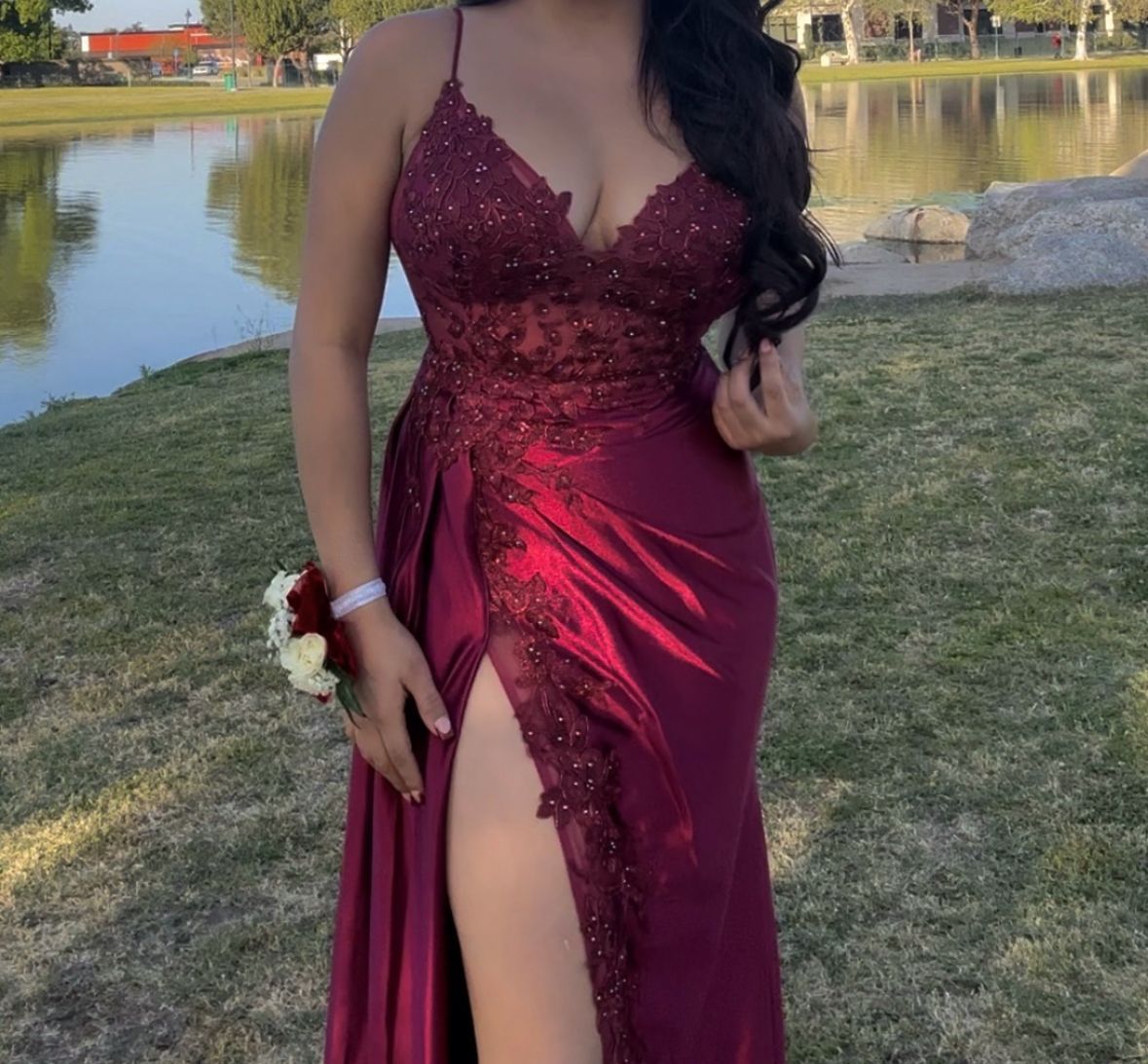 dark red prom dress with slit Evening Dresses      fg6925