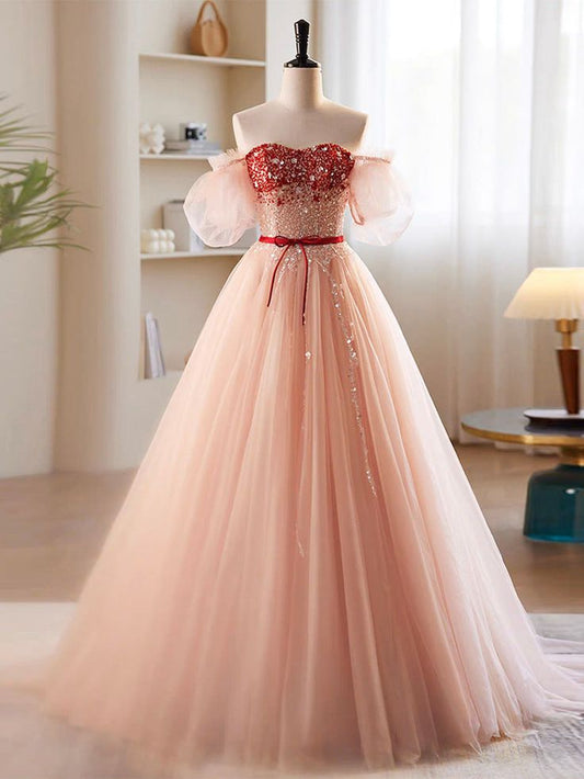 A-Line Sweetheart Neck Sequin Tulle Long Prom Dress, Formal Dress      fg6880