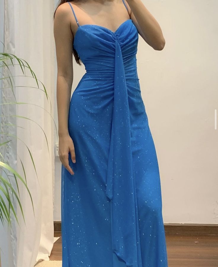 Spaghetti Straps Blue A Line Long Prom Dress Sparkling Vintage Formal Party Gown      fg6928