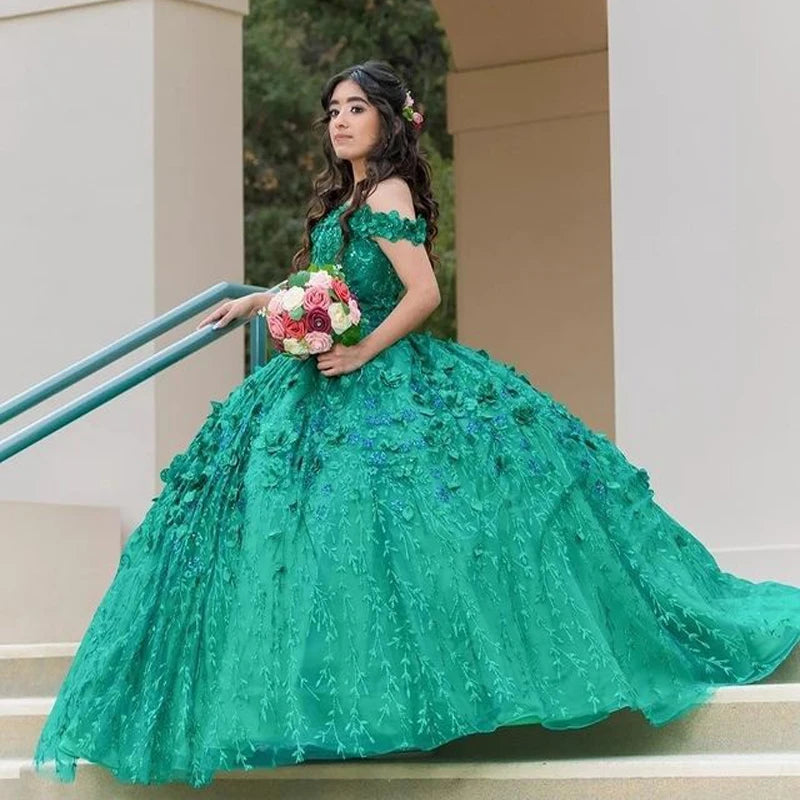 Green Sparkly Quinceanera Dresses With Cape Tassels Sweet 16 Dresses Ball Gown 3D Flowers Tulle Birthday Gowns     fg4570