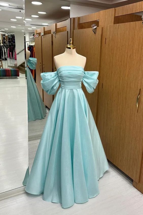 A Line Off Shoulder Satin Blue Long Prom Dresses, Off The Shoulder Blue Satin Long Formal Evening Dresses         fg6309