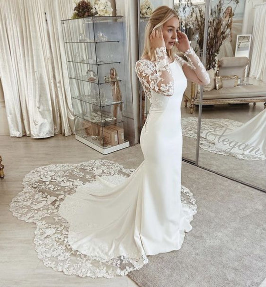 Chapel-length Petal Train Low Back Stretch Crepe Wedding Dress With Long Sleeves     fg6562