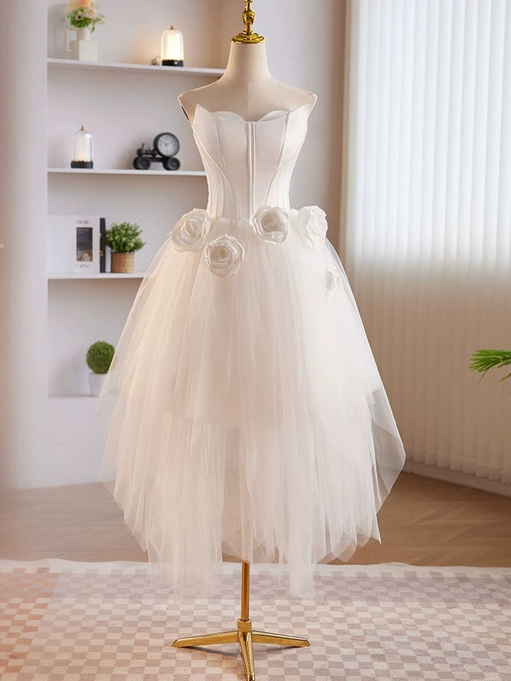 Unique White Tulle Satin Short Prom Dress, White Homecoming Dress      fg6369