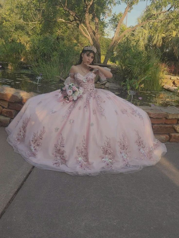 Pink Ball Gown Quinceanera Dress Applique Off the Shoulder Sweet 16 Vestidos       fg5899