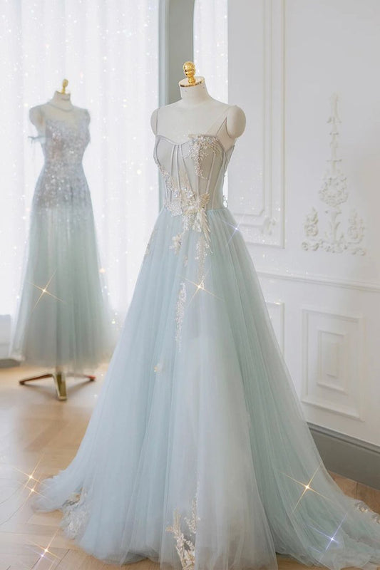 Blue Tulle Lace Long Prom Dress, A-Line Strapless Evening Dress      fg5690