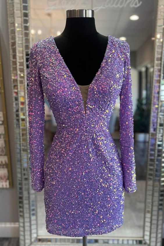 Lace-Up Sequins Plunging V Neck Long Sleeves Sheath Homecoming Dress    fg5695