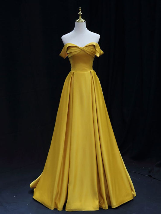 Simple Off Shoulder Yellow Satin Long Prom Dress, Yellow Formal Evening Dress       fg6749