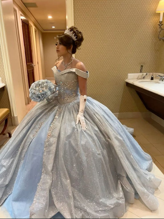 A Line Light Blue Off The Shoulder Quinceanera Dress Ball Gown      fg6547