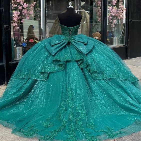 Green Appliques Lace Tull Ball Gown Quinceanera Dress Off The Shoulder Glitter Crystal Corset Dress      fg5550