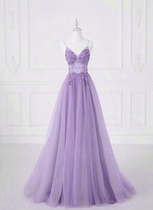 A-line Tulle Lavender Beaded Long Prom Dress, Lavender Tulle Formal Dress      fg5414