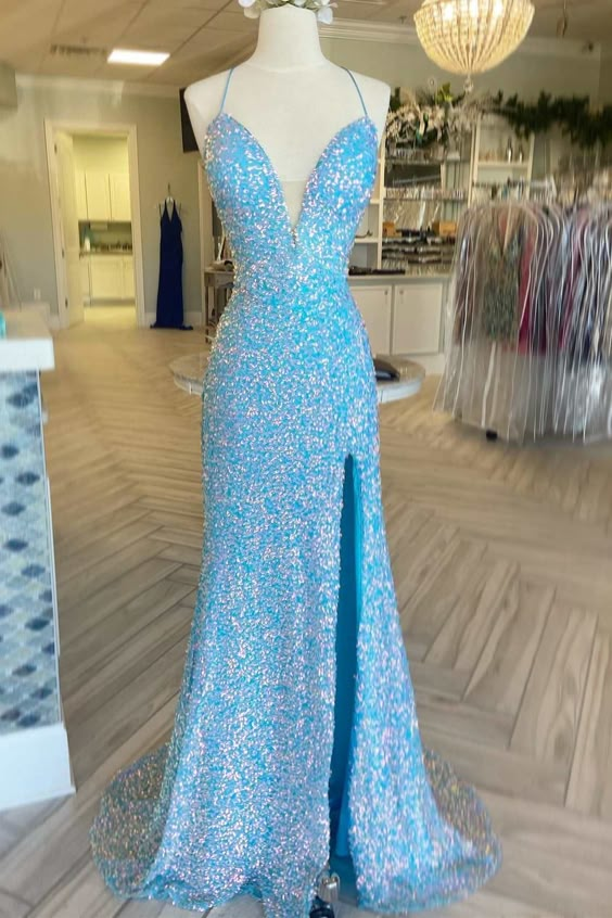 Blue Iridescent Sequin Lace-Up Long Prom Dress with Slit     fg6608