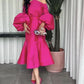 Hot Pink Halter Prom Belt Puff Sleeve Midi Party Dress Elegant Dubai Evening Dresses      fg5903