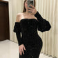 Elegant Black Sequin Sheath Homecoming Dress,Short Party Gown With Sleeves      fg5631