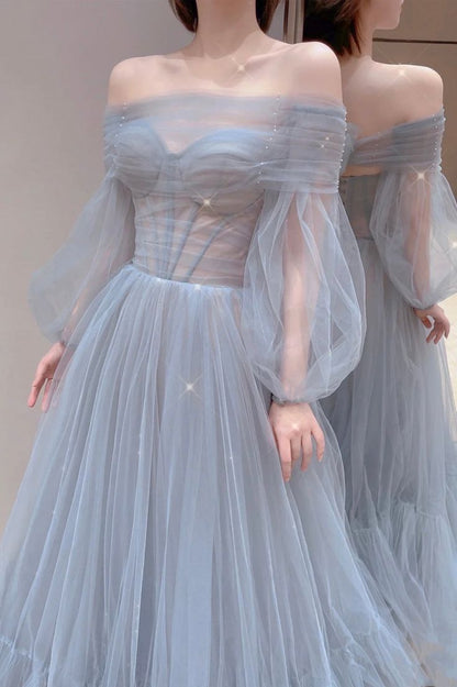 Blue Tulle Long Prom Dress, Beautiful Long Sleeve Tulle Evening Dress      fg6142