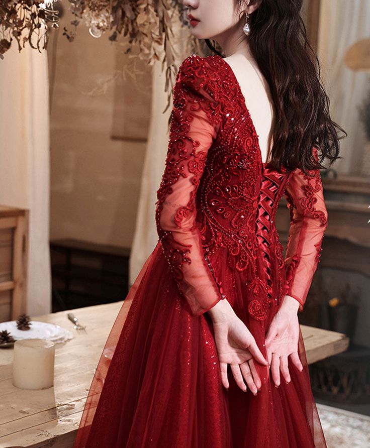 Burgundy Aline Lace Long Prom Dress, Burgundy Tulle Formal Graduation Dress    fg5618