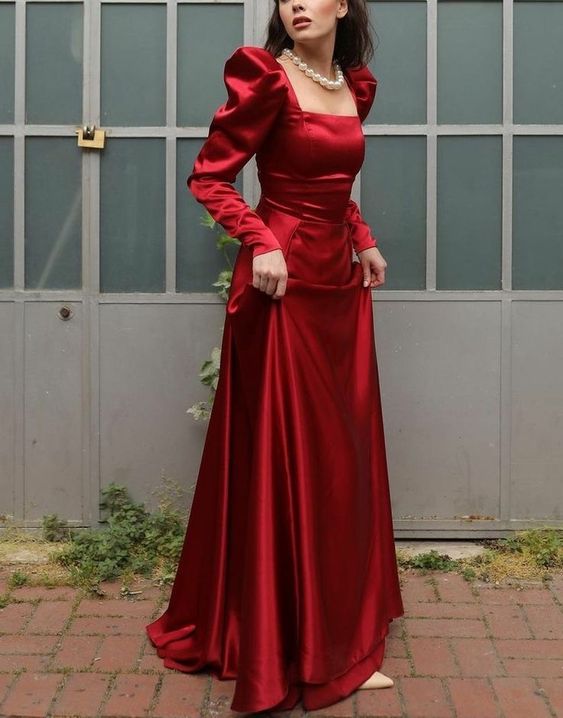 Square Neck Long A Line Evening Gown Burgundy Long Sleeves Satin Formal Prom Party Dress      fg6143