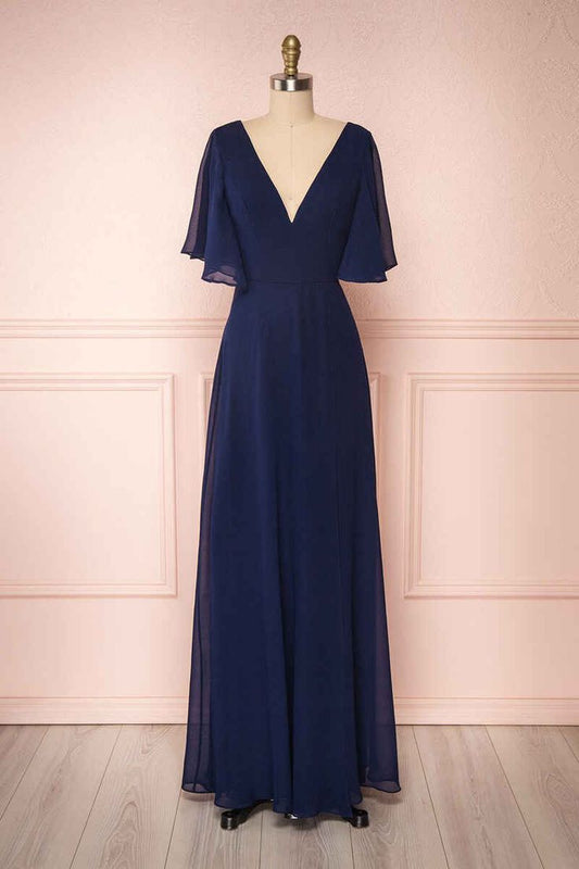 Navy Blue Chiffon V-Neck Ruffled Sleeve Long Bridesmaid Dress           fg6390