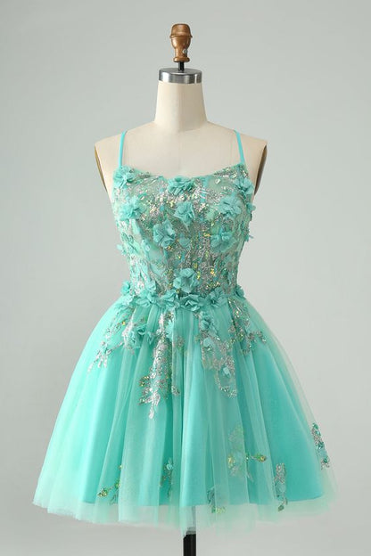 Sweet Green A Line Spaghetti Straps Corset Short Homecoming Dress with Appliques      fg5497