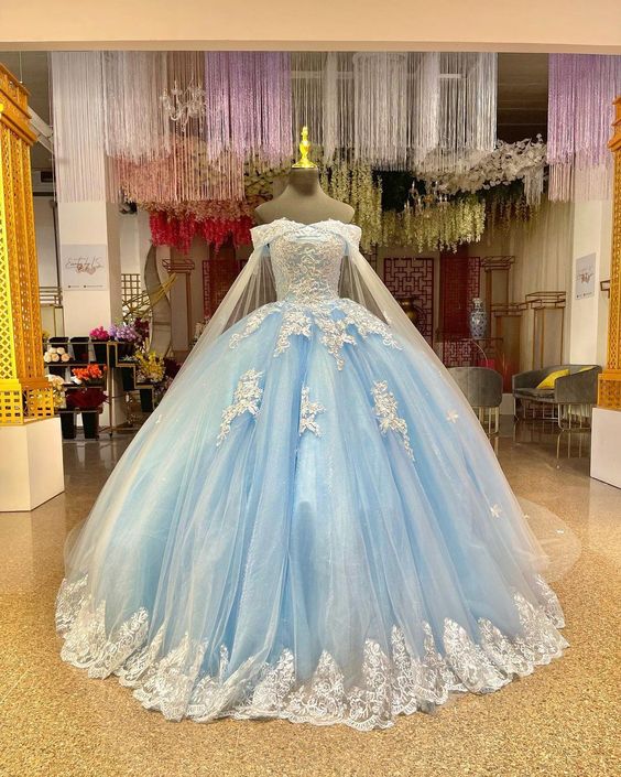 Gorgeous Blue Quinceanera Dresses With Cape Luxury Flowers Corset Ball Gown Princess Birthday Party Dress Sweet 15 Vestios Gala     fg5745