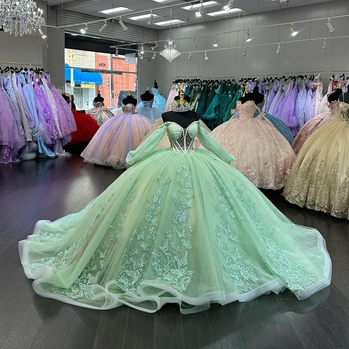 Green Off The Shoulder Ball Gown Quinceanera Dress Tull Princess Vestidos De 15 Anos Birthday Party Sweet 16 Dress      fg5470