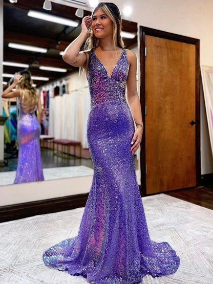 Sheath/Column V-Neck Court Train Sequins Prom Dresses      fg6213