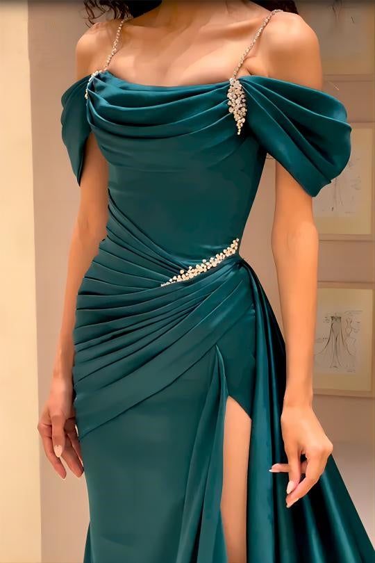 High Quality Off The Shoulder Dark Green Satin Prom Dresses Beaded Evening Gown       fg6209