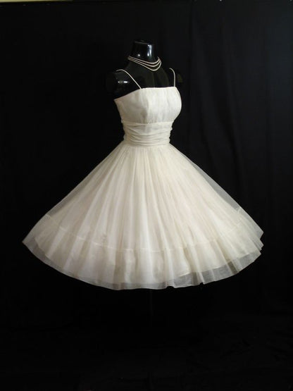 Vintage 1950's 50s White Ruched Chiffon Organza Party Prom Wedding Bridal Dress Gown     fg5822