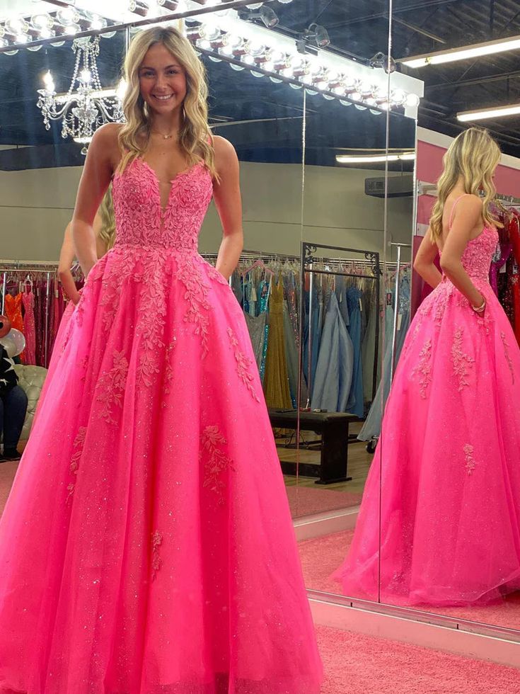 V Neck Pink A Line Lace Long Prom Dress        fg6378