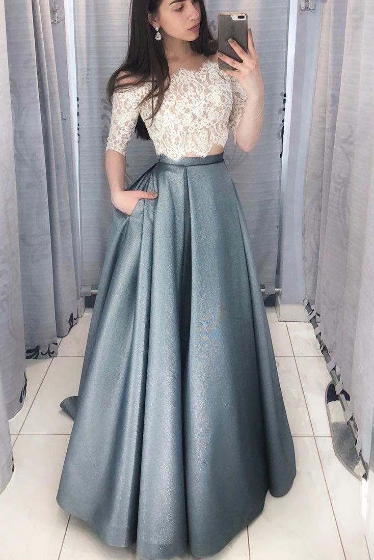 Two Piece Long Prom Dress with White Lace Top       fg6170