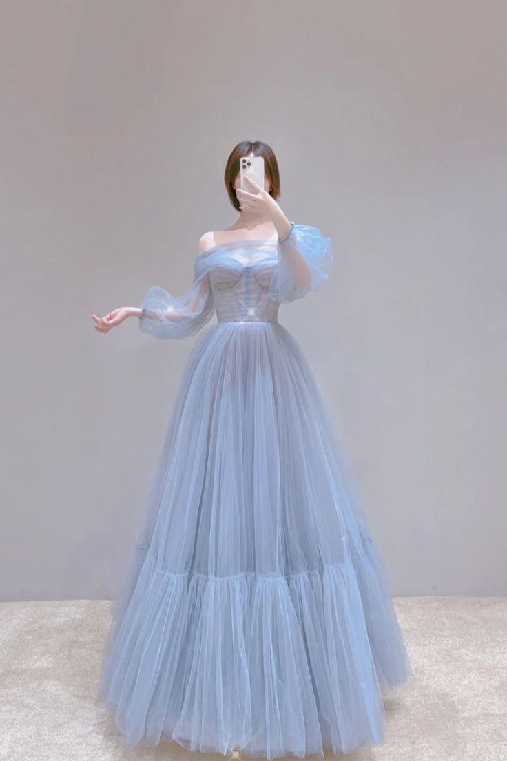 Blue Tulle Long Prom Dress, Beautiful Long Sleeve Tulle Evening Dress      fg6142